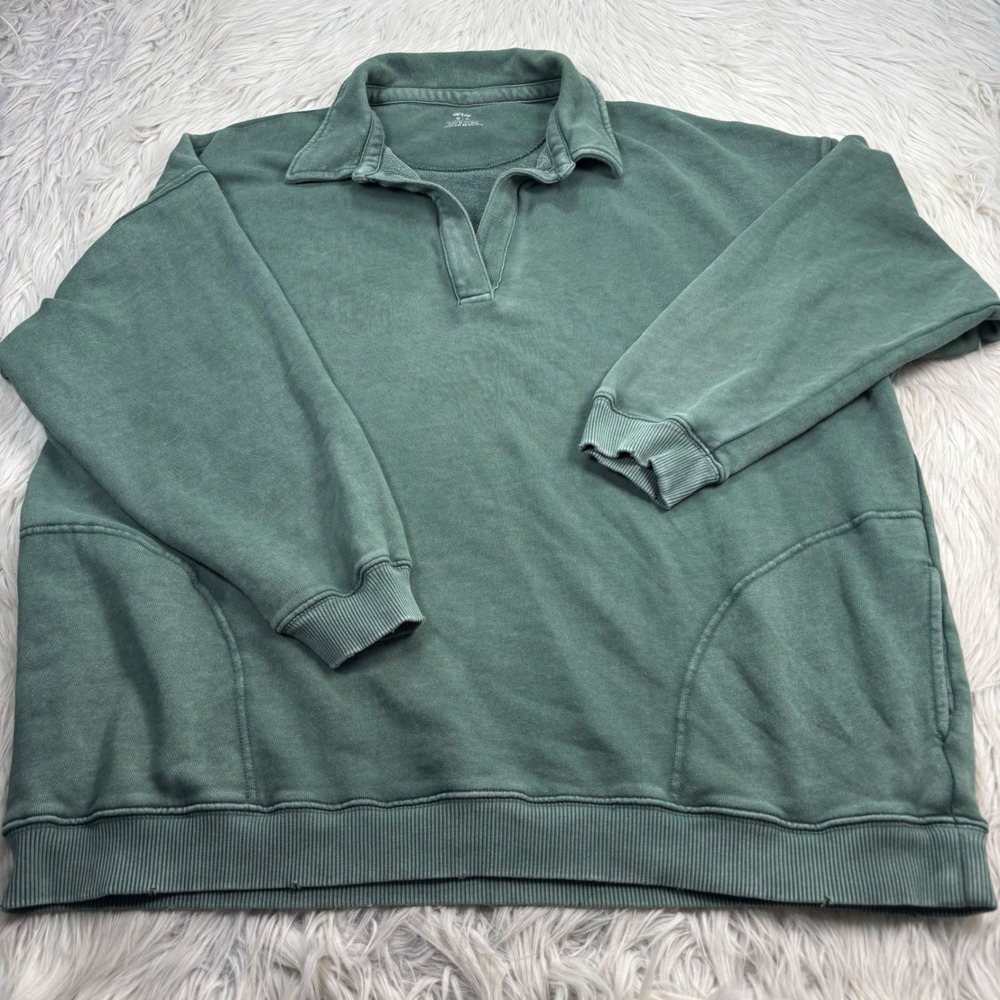 Aerie Women's M Green Oversized Polo Neck Sweatshirt Cozycore Lounge Preppy